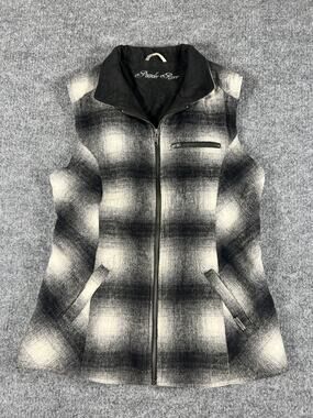 Powder River Womens Plaid Wool Blend Vest Black Gray Western Full Zip Pockets